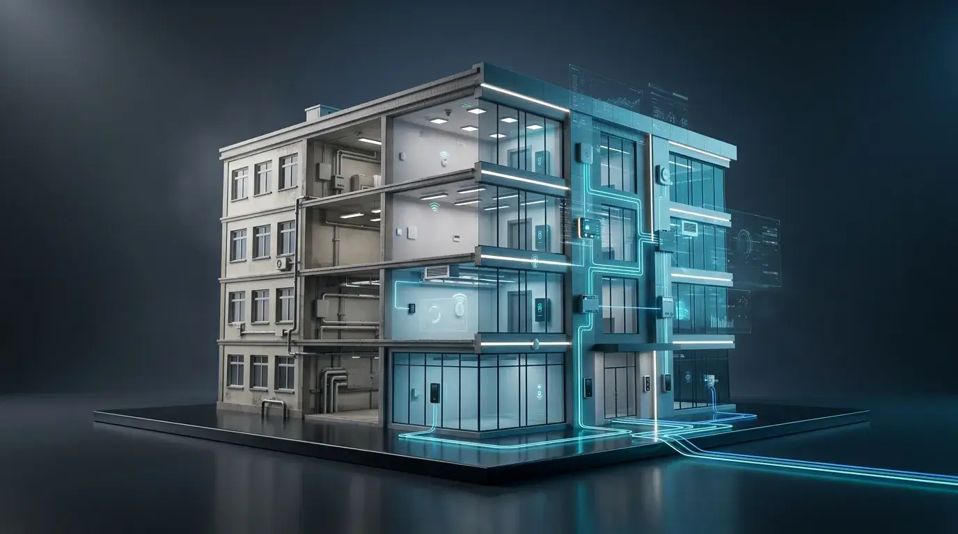 Smart building retrofit with IoT sensors, smart lighting, HVAC controls, and building automation systems